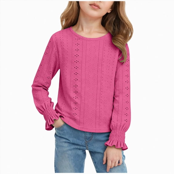Gubotare Long Sleeve Shirt Toddler Girl Long Sleeve Shirt Tops Tees Puff Round Neck Rib Kids Tshirt Size 10-12 (Hot Pink,10-12 Years)