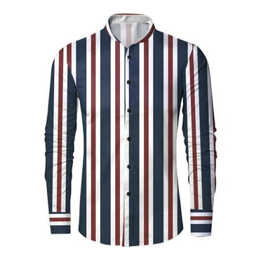 Gubotare Long Sleeve Shirts for Men Leisure Stripes 3D Digital Printed Long Sleeve Shirt (Navy, XXXL)
