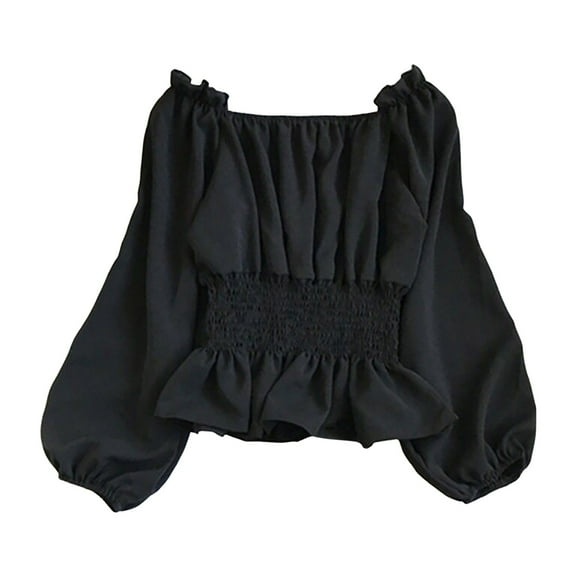 Gubotare Long Sleeve Shirts for Women Fall Clothes Asymmetric Square Neck Tunic Tops Decorative Buttons V Neck Tops for Women (Black,S)