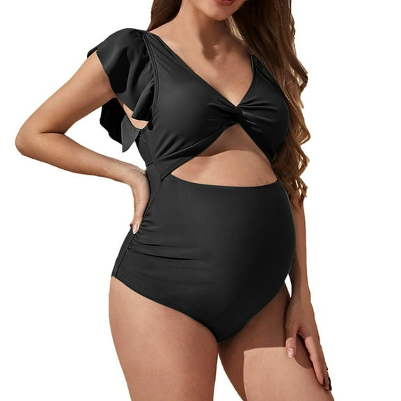 Gubotare Maternity Swimsuits One Piece for Women Ruffle V Neck Cutout Bathing Suit Pregnancy Modest Bikini Push Up Swimwear,Black M
