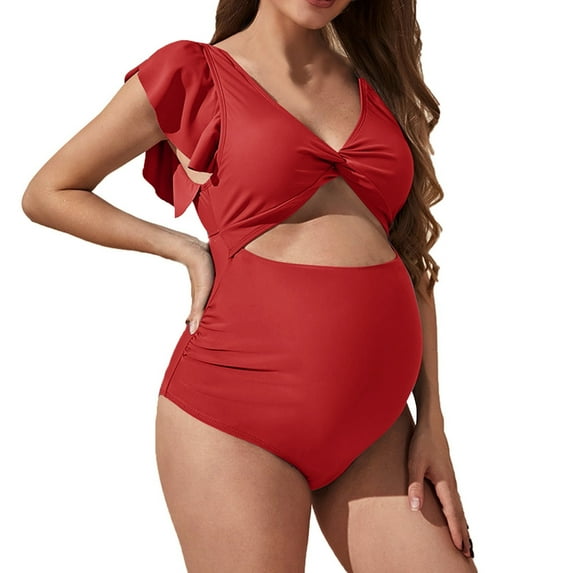 Gubotare Maternity Swimsuits One Piece for Women Ruffle V Neck Cutout Bathing Suit Pregnancy Modest Bikini Push Up Swimwear,Red S