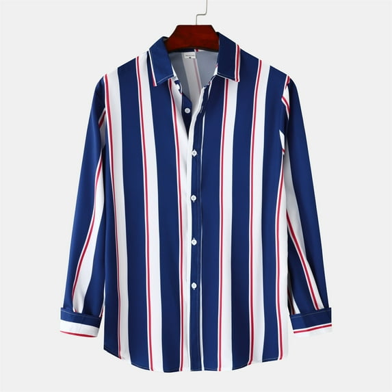 Gubotare Men's Casual Button Down Shirts Lightweight Long Sleeve Regular Fit Striped Shirts (Dark Blue,XXL)
