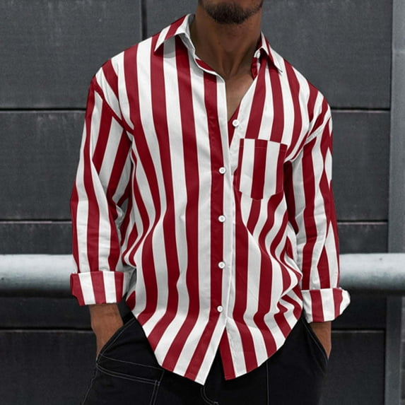 Gubotare Men's Long Sleeve Dress Shirt Shirt Stand Collar Long Sleeve Pocket Shirt Blouse (Red, L)