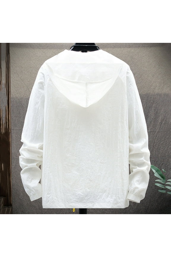 Men's Lightweight Jackets Ice Silk Thin Long Sleeved Zipper Hooded Solid Color Jacket (White, XXL)