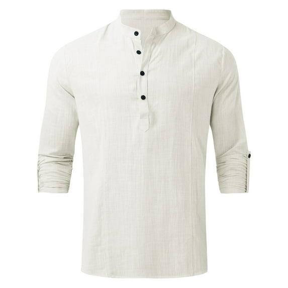 Gubotare Men's Long Sleeve Dress Shirt Color Casual Collarless Beach Long Sleeve Outdoor Vacation Simple Shirt Top (White, L)