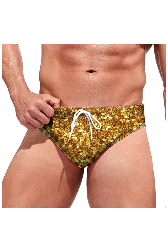 Men's Swimwear Bikini Swimming Briefs Drawstring Swimsuits Board Surf Shorts Trunks (Gold,S)