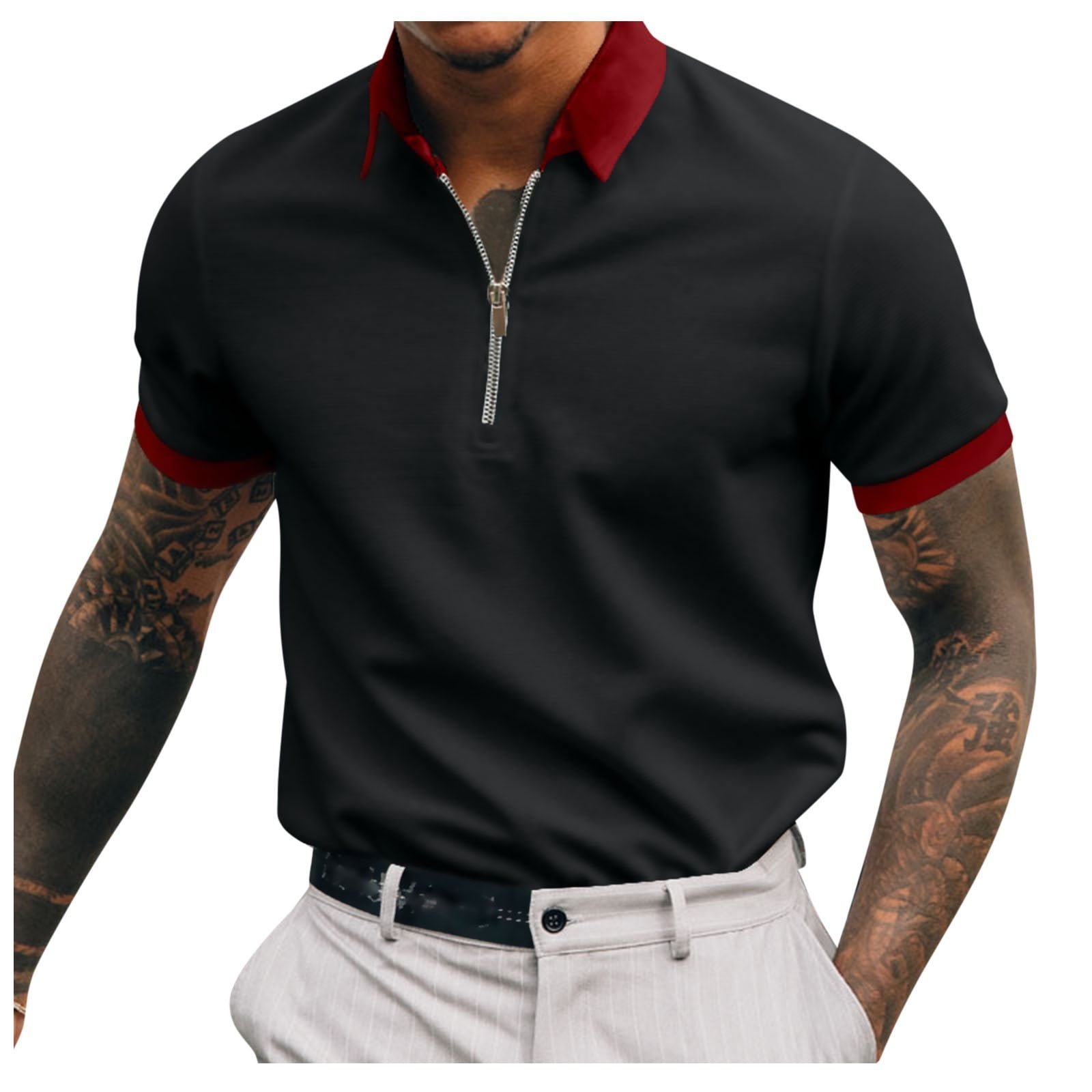 Gubotare Men's Zipper Polo Shirt Casual Knit Short Sleeve