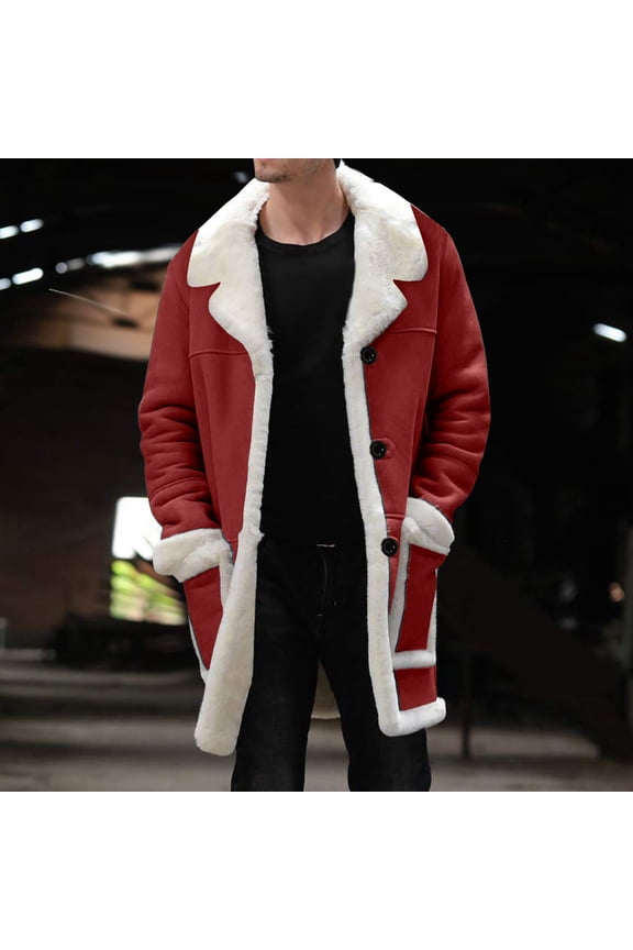 Mens Coats Outerwear Winter Collar Long Sleeve Padded Leather Jacket Vintage Thicken Coat Sheepskin Jacket (Red, XXXXXL)
