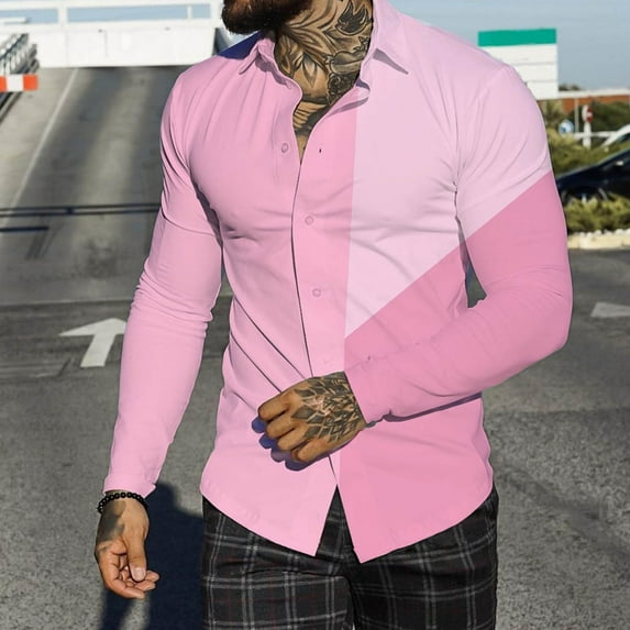 Gubotare Mens Polo Shirts Men's Regular-Fit Long-Sleeve Linen Cotton Shirt,Pink S