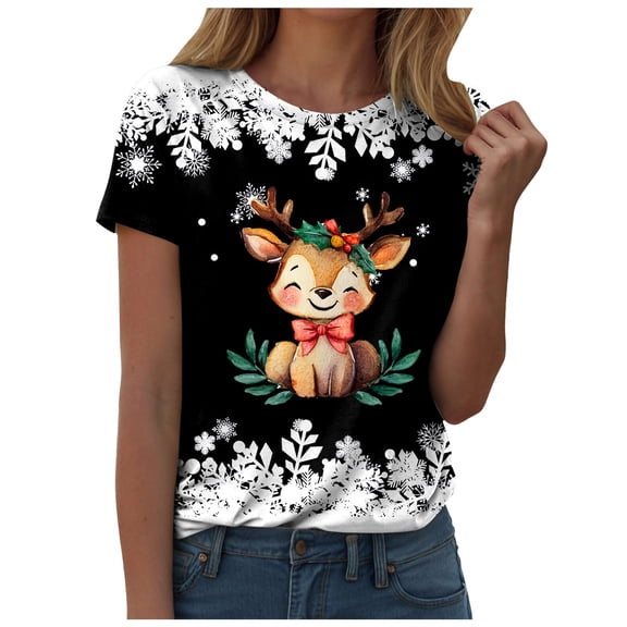 Gubotare Merry Christmas Shirts for Women Graphic Print Holiday T Shirt Winter Casual Short Sleeve Xmas Tee Tops Christmas Tree Cake Shirt (Black,M)