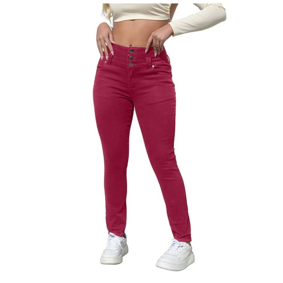 Gubotare Mid Rise Jeans for Women Women's Mid-Rise Stretch Pull-On Jegging (Red,Size L)