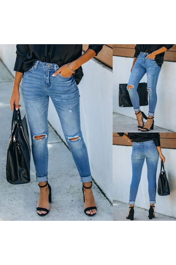 Mom Jeans High Waisted Women's Ripped High Waisted Skinny Jeans Button Fly Distressed Stretchy Denim Pants,Blue XXL