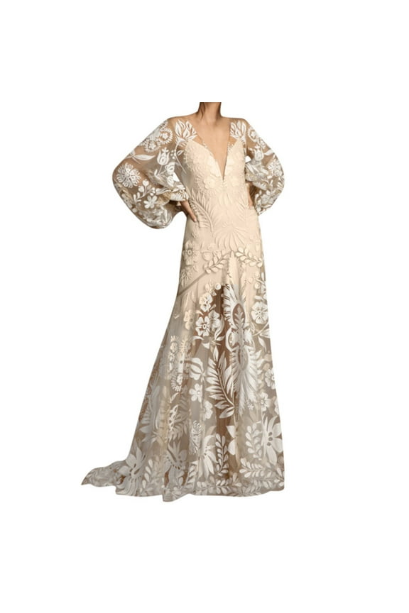 Mother of the Bride Dresses for Wedding Boho Women Holiday Sundress Pantern Sleeve Backless V-Neck Evening Gown Dress Womens Long Formal Dresses(White,L)