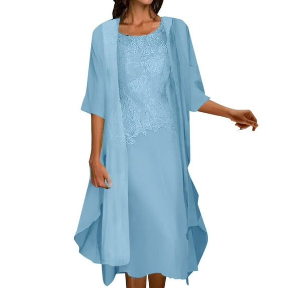Gubotare Mother of the Groom Dress Womens Two Piece Set Wedding Guest Dress Chiffon Flowy Midi Dress with Jacket Mother of the Bride Dress Holiday Beach Sundress Summer Casual Dress,Light Blue XXXXL