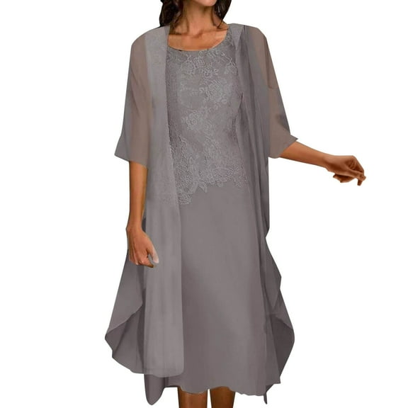 Gubotare Mother of the Groom Dresses Womens Two Piece Set Wedding Guest Dress Chiffon Flowy Midi Dress with Jacket Mother of the Bride Dress Holiday Beach Sundress Summer Casual Dress,Grey XXL