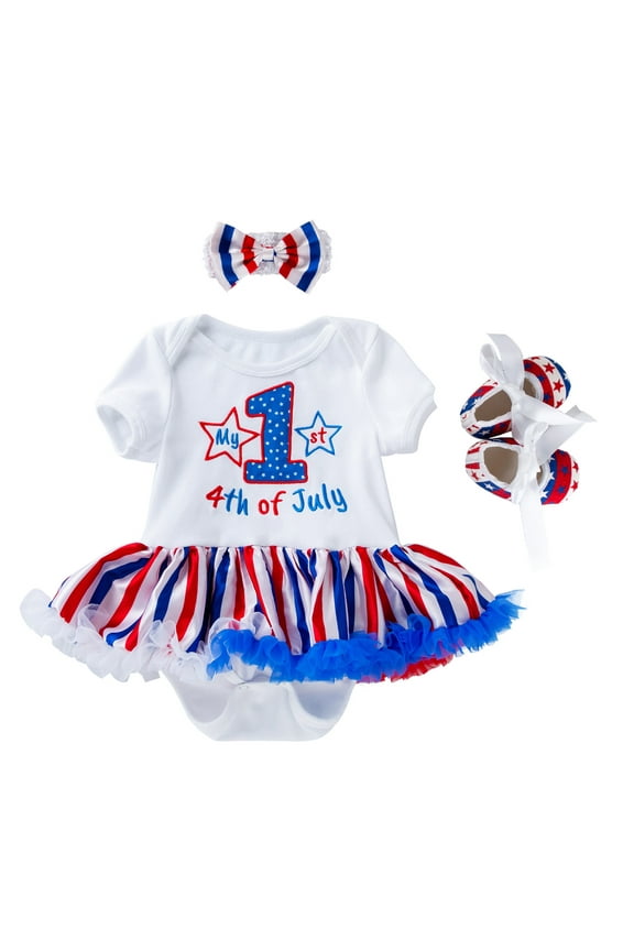 4th of July Outfit Girl Baby First Fourth of July Clothes Sleeveless USA Tulle Romper Dress,White 12-18 Months