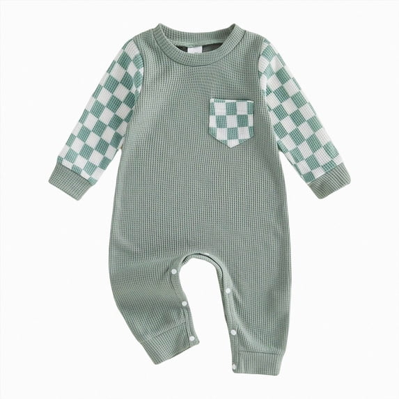 Gubotare Newborn Baby Boy Fall Outfit Romper Long Sleeve Plaid Print Patchwork Jumpsuits Cute Infant Waffle Clothes (Green, 12-18 Months)