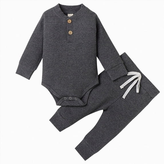 Gubotare Newborn Baby Boy Girl Clothes Ribbed Knitted Cotton Long Sleeve Romper Long Pants Solid Color Fall Winter Outfits (Grey, 0-3 Months)