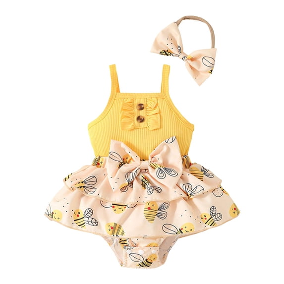 Gubotare Baby Dress Baby Girl Romper Dress Floral Short Sleeve Ruched Jumpsuit Ruffle Bodysuit Headband Summer Outfits 0 3 6 9 12 18 24 Months (Yellow,Size 6-9 Months)