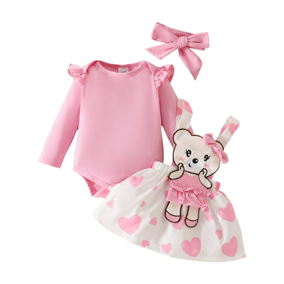 Gubotare Baby Outfit Girl Baby Girl Clothes 3Pcs Suit Long Sleeve Romper Tops Dress Headband Spring Fall Skirt Sets 0 3 6 9 12 18 24 Months (Light Pink,6-9 Months)