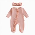 thumbnail image 1 of Gubotare Newborn Baby Romper Infant Girl One-piece Outfit Waffle Ruffle Zip Footie Spring Summer Clothes With Bow Headband, 1 of 5