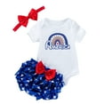 thumbnail image 1 of Gubotare Clothes Baby Girl Summer Outfit Ruffle Short Sleeve Knit Romper Floral Suspender Skirt Bow Headband 3Pcs Clothes Set 0 3 6 9 12 18 24 Months (Blue,Size 0-3 Months), 1 of 7