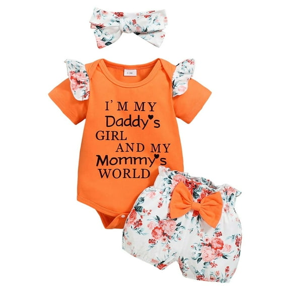 Gubotare Clothes Girl Clothes Rib Knit Romper Print Shorts Headband Baby Summer Clothes 0 3 6 9 12 18 24 Months (Orange,Size 9-12 Months)