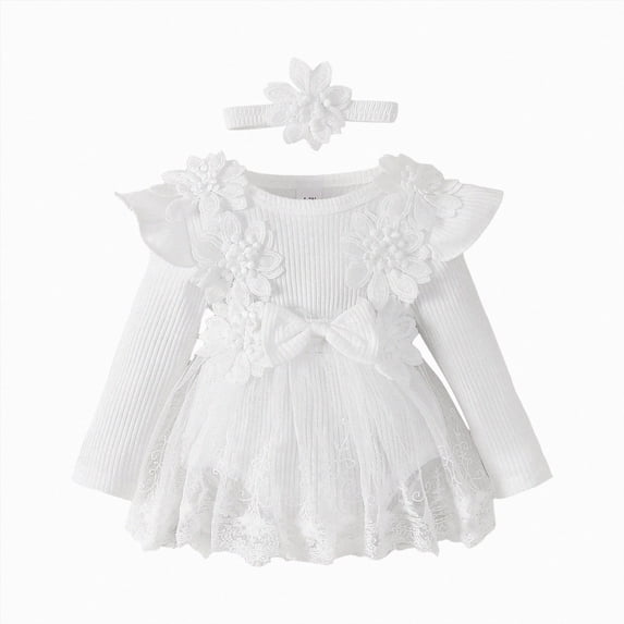 Gubotare Newborn Dresses for Baby Girls Lace Romper Newborn Baby Girls Dress Long Sleeve Fall Winter Outfit with Headband 3 6 Months (White,3-6 Months)
