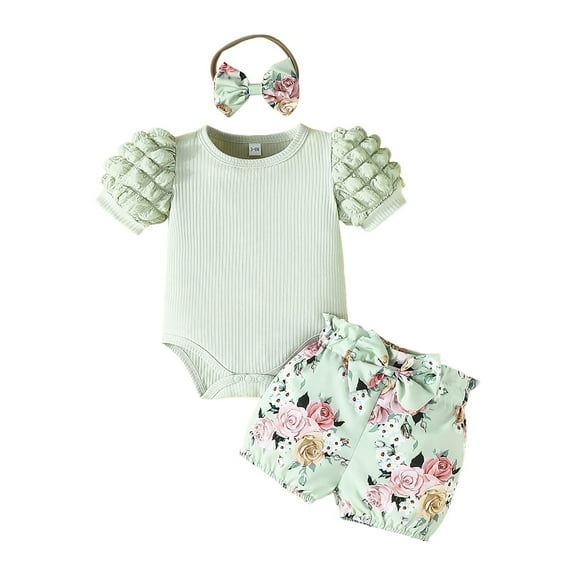 Gubotare Girl Outfits Baby Girl Auntie Outfits Short Sleeve Ribbed Romper Floral Shorts Clothes with Headband 0 3 6 9 12 18 24 Months (Light Green,Size 9-12 Months)