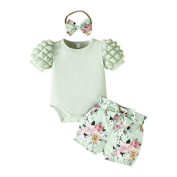 Gubotare Girl Outfits Baby Girl Auntie Outfits Short Sleeve Ribbed Romper Floral Shorts Clothes with Headband 0 3 6 9 12 18 24 Months (Light Green,Size 9-12 Months)