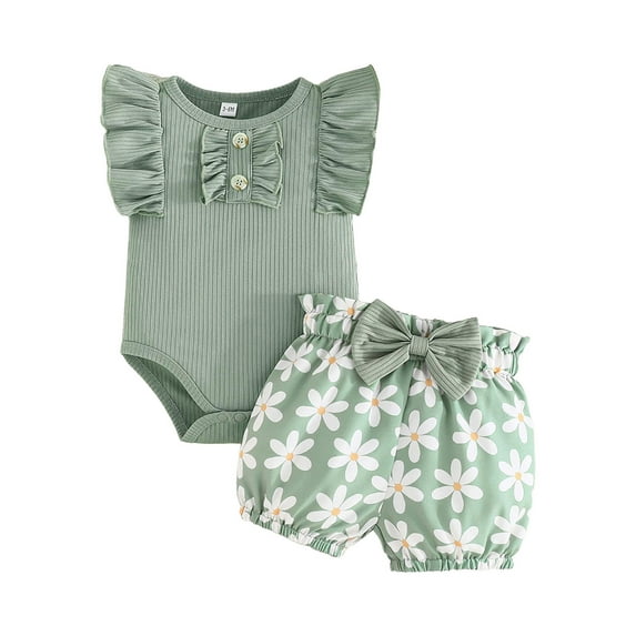 Gubotare Girl Outfits Western Baby Girl Clothes Romper Onesie Ruffle Layered Shorts Headband 3Pcs Summer Clothes 0 3 6 9 12 18 24 Months (Green,Size 0-3 Months)