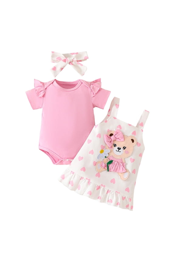 Going Home Outfit Girl Baby Girl Summer Clothes Cute Outfits Short Sleeve Romper Overall Skirt Dress Headband 3PCS Outfit 0 3 6 9 12 18 24 Months (Pink,Size 6-9 Months)