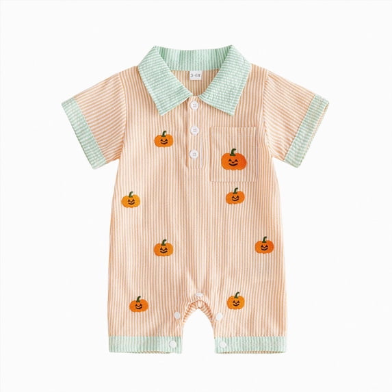 Gubotare Newborn Infant Baby Boy Halloween Outfit Pumpkin/Ghost Romper One Piece Short Sleeve Button Down Onesie Clothes (Orange, 3-6 Months)