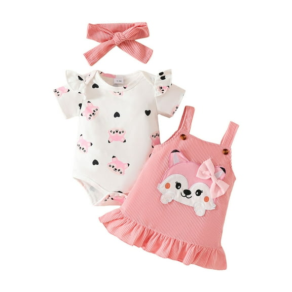 Gubotare Outfit Girl Baby Girl Summer Outfit Ruffle Short Sleeve Knit Romper Floral Suspender Skirt Bow Headband 3Pcs Clothes Set 0 3 6 9 12 18 24 Months (Pink,Size 6-9 Months)