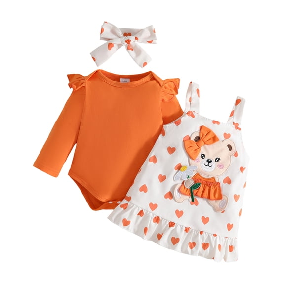 Gubotare Overalls Set Baby Girl Fall Clothes Ruffle Long Sleeve Ribbed Romper Suspender Skirts Headband Winter Outfit 0 3 6 9 12 18 24 Months (Orange,9-12 Months)