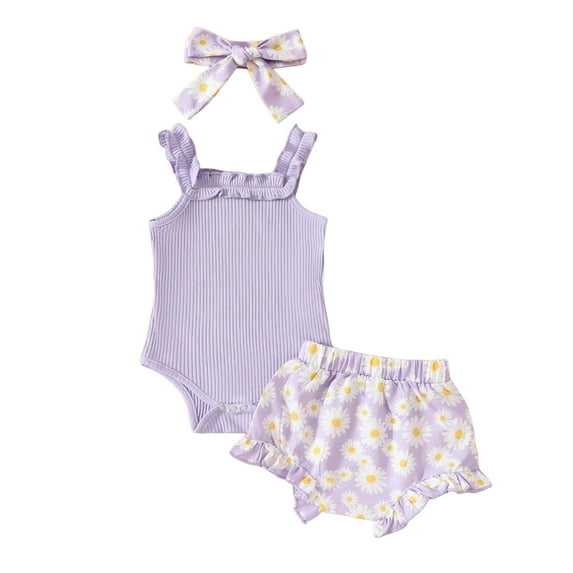Gubotare Summer Clothes Girl Western Baby Girl Clothes Romper Onesie Ruffle Layered Shorts Headband 3Pcs Summer Clothes 0 3 6 9 12 18 24 Months (Light Purple,Size 3-6 Months)