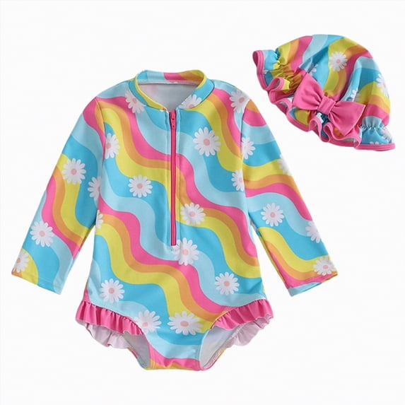 Gubotare Newborn Swimsuit Girl Girls Long-Sleeved One-Piece Swimsuit Summer Swimwear with Zipper Swimming Suits UPF 50+ Sun Protection 3T 4T (Blue,3-4 Years)