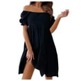 thumbnail image 1 of Gubotare Off Shoulder Dress for Women Short Sleeve Ruffle Boho Dress Solid Color Summer Casual Loose Flowy Swing Midi Dress(Black,XL), 1 of 5