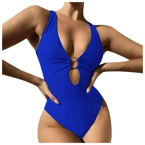 Gubotare One Piece Bathing Suit for Women Women's Tummy Control Swimsuits Mesh Sexy One Piece Bathing Suits Slimming V Neck Swimwear (Blue,M)