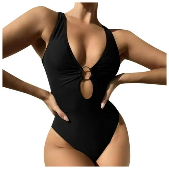 Gubotare One Piece Swimsuit Women Tummy Control Women's One-Piece Swimsuit Mesh Transparent Sarong Wrap Drawstring V-Neck Sexy Tummy Control Monokini (Black,L)