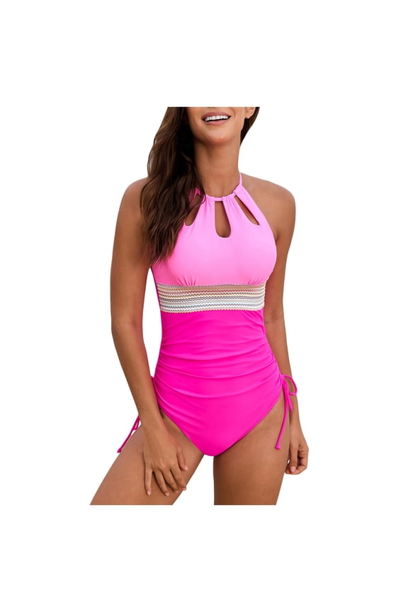 One Piece Swimsuit for Women Women's Tummy Control Swimsuits Ruched One Piece Bathing Suit Deep V Neck Swimsuit (Pink,S)