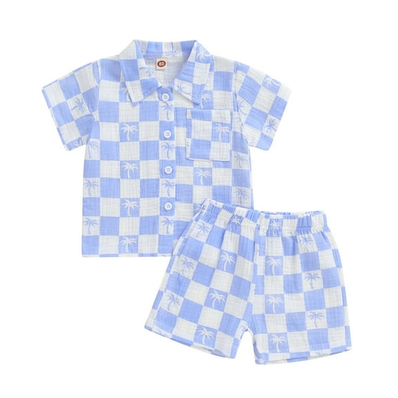 Gubotare Outfit Baby Boy Toddler Baby Boy Summer Clothes Set Truck Print Crew Neck Short Sleeve Button Down Shirts Shorts 2Pcs Outfits (Blue,Size 6-12 Months)