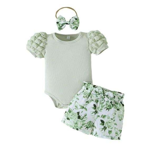 Gubotare Outfit Girl Baby Girl Clothes Romper Shorts Set Floral Summer Outfits Cute Baby Clothes Girl 0 3 6 9 12 18 24 Months (Mint Green,Size 9-12 Months)