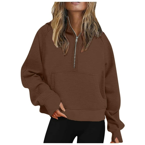 Gubotare Oversized Sweatshirts for Women Cropped Zipper Hoodies Cute Outfits Half Zip Pullover Fall Winter 2025 Trendy Clothes (Brown,S)