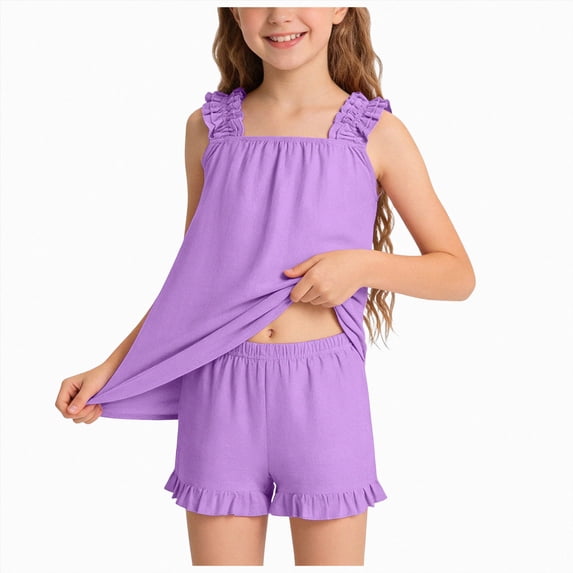 Gubotare Pajama Set for Girls Short Sleeve Girls Pajamas Set 2 Piece Button Down Pjs Soft Ruffle Sleepwear Loungewear Size 9-10 (Purple,9-10 Years)