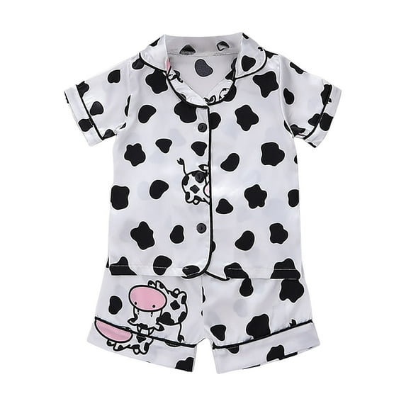 Gubotare Pajamas for Girls Set Toddler Baby Girls Summer Pajamas Cute Print Short Sleeve Lapel Button Down Shirt Shorts Satin Sleepwear (Light Pink,Size 6-12 Months)