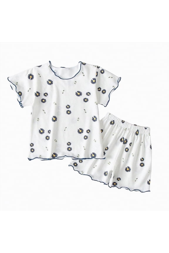 Pajamas for Kids Girls Children Sleepwears Girls Spring Summer Cartoon Print Short Sleeve Sleepwear Outfits Pajamas Clothes 18 24 Months (Blue,18-24 Months)
