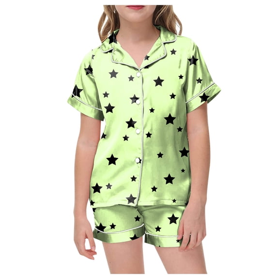 Gubotare Pajamas for Girls Plaid Pajamas for Girls Button Short Sleeve Printed Sleepwear Summer Sleepwear Sets (Light Green,Size 12-13 Years)