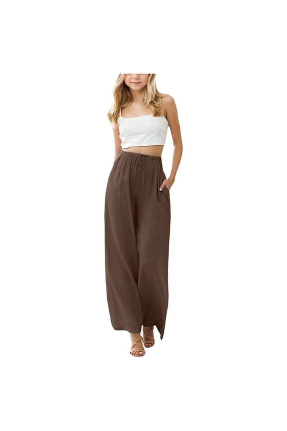 Palazzo Pants for Girls Girls Pants Casual Smocked High Waist Pant Loose Wide Leg Long Trousers Size 14-15 Years (Brown,14-15 Years)