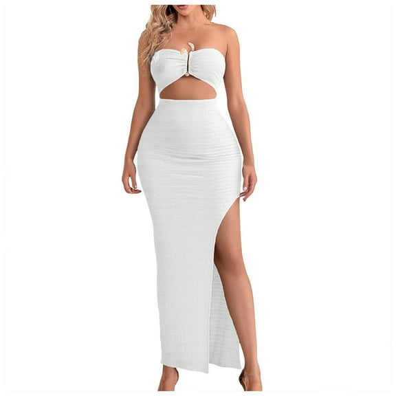 Gubotare Party Dresses for Women Womens Tube Dress Strapless Sexy Off Shoulder Side Slit Going Out Casual Elegant Club Party Maxi Dresses (White,Size L)